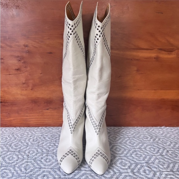 ISABEL MARANT “Lahia” White Eyelet Leather Calf High Heeled Boots Size 7 - Picture 5 of 11